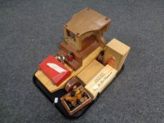 A tray containing a wooden folk art truck, boxed chess pieces,