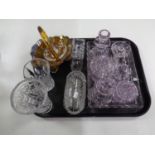 A tray containing 20th century glassware to include a six piece 1930s purple tinted trinket set,