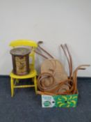 A painted antique kitchen chair together with a rustic drum stool and a dismantled Bentwood rocking