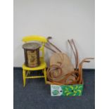 A painted antique kitchen chair together with a rustic drum stool and a dismantled Bentwood rocking