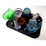 A tray containing a quantity of assorted glassware to include Caithness vase, paperweights,