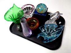 A tray containing a quantity of assorted glassware to include Caithness vase, paperweights,