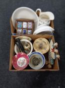 Two boxes containing assorted ceramics to include wash jug and basin, a Limoges comport,