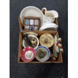 Two boxes containing assorted ceramics to include wash jug and basin, a Limoges comport,