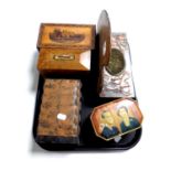A tray containing Art Nouveau tin, commemorative tin, wooden artist's palettes,