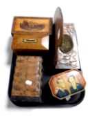 A tray containing Art Nouveau tin, commemorative tin, wooden artist's palettes,