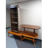 A Mexican pine coffee table together with two further coffee tables and a set of oak open shelves