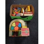 A box containing a quantity of 20th century Fisher Price toys to include garage record player,