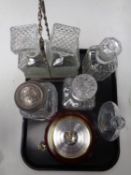 A tray containing six assorted cut glass and lead crystal decanters together with a Barigo