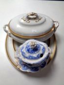 A Losel white and gilt lidded terrene together with two meat plates,