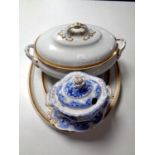 A Losel white and gilt lidded terrene together with two meat plates,