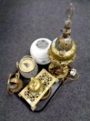 A tray containing a 19th century brass embossed oil lamp base (converted to electric) with glass