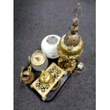 A tray containing a 19th century brass embossed oil lamp base (converted to electric) with glass