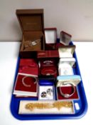 A tray containing assorted costume jewellery, silver pendant on chain, Celtic earrings,