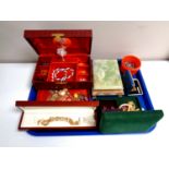 A tray containing jewellery boxes containing costume jewellery, gents cuff links, earrings,