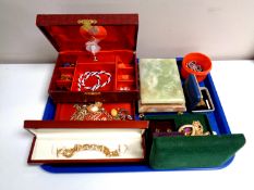 A tray containing jewellery boxes containing costume jewellery, gents cuff links, earrings,