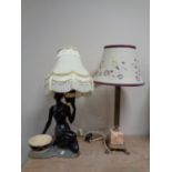 A brass and marble Corinthian column table lamp on paw feet with shade,