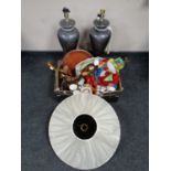 A pair of contemporary table lamps with shades, together with a box containing assorted china,