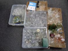 Five crates and boxes containing a large quantity of assorted glassware to include drinking glasses,