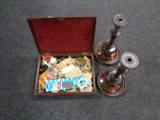 A 19th century mahogany cutlery box containing sewing items together with a pair of antique turned