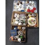 Five boxes and crates containing miscellaneous ceramics to include mugs, china flower posies,
