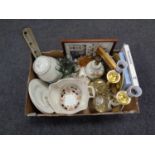 A box containing miscellaneous to include pair of brass table lamps,