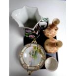 A tray containing a 19th century floral pottery wash jug, Noritake gilded twin handled comport,