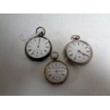 Two silver cased pocket watches together with a silver cased fob watch