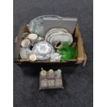 A box containing boxed Royal Doulton garden of tranquility plate, glass dessert set,
