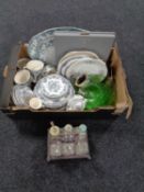 A box containing boxed Royal Doulton garden of tranquility plate, glass dessert set,