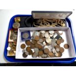 A tray containing simulated pearls, compacts, farthing coin bracelet,