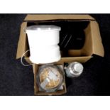 A box containing a quantity of plastic buckets with leads, a food steamer,