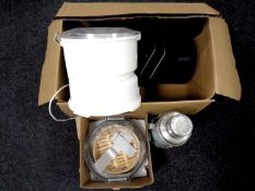 A box containing a quantity of plastic buckets with leads, a food steamer,