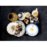 A tray containing assorted ceramics to include commemorative trio, Goss pieces,
