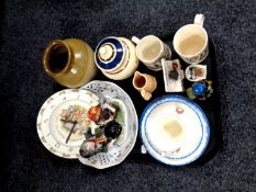 A tray containing assorted ceramics to include commemorative trio, Goss pieces,