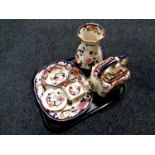 A tray containing six pieces of Masons Mandalay china to include vase, meat plate,