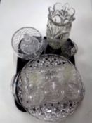 A tray containing a quantity of cut glass to include trinket set, vases,