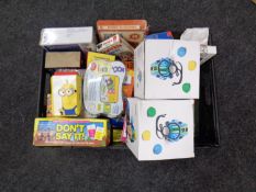 A crate containing card games, board games,