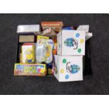 A crate containing card games, board games,