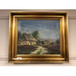 Continental school : A thatched cottage on moorland, oil on canvas,
