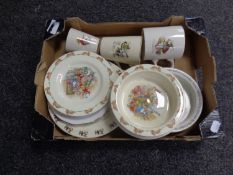 A box containing ceramic baby plates and bowls to include Royal Doulton Bunnykins