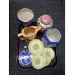 A tray containing assorted ceramics to include Wade whisky jug, Maling peony rose vase,