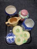 A tray containing assorted ceramics to include Wade whisky jug, Maling peony rose vase,