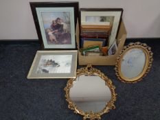 A box containing assorted framed pictures and prints, an ornate gilt chalk mirror,