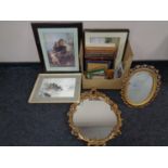 A box containing assorted framed pictures and prints, an ornate gilt chalk mirror,