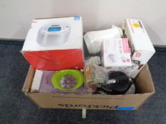 A box containing a large quantity of assorted kitchen electricals, Morphy Richards spill master,