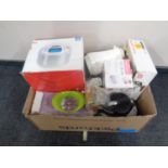 A box containing a large quantity of assorted kitchen electricals, Morphy Richards spill master,