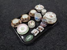 A tray containing assorted ceramics to include antique teacups and saucers, ironstone jug,