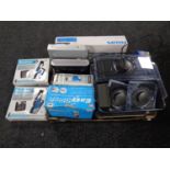 A box containing assorted electricals to include Phillips DVD player,