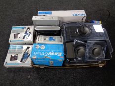 A box containing assorted electricals to include Phillips DVD player,